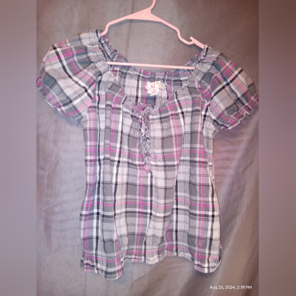 OP off the shoulder juniors purple plaid top